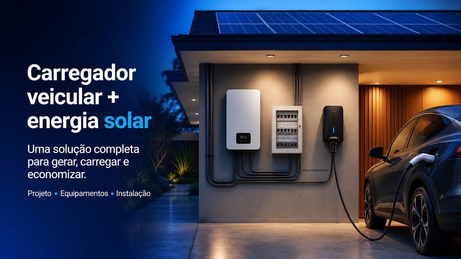 Solução integrada com painéis solares, inversor, quadro de proteção e carregador veicular — imagem ilustrativa