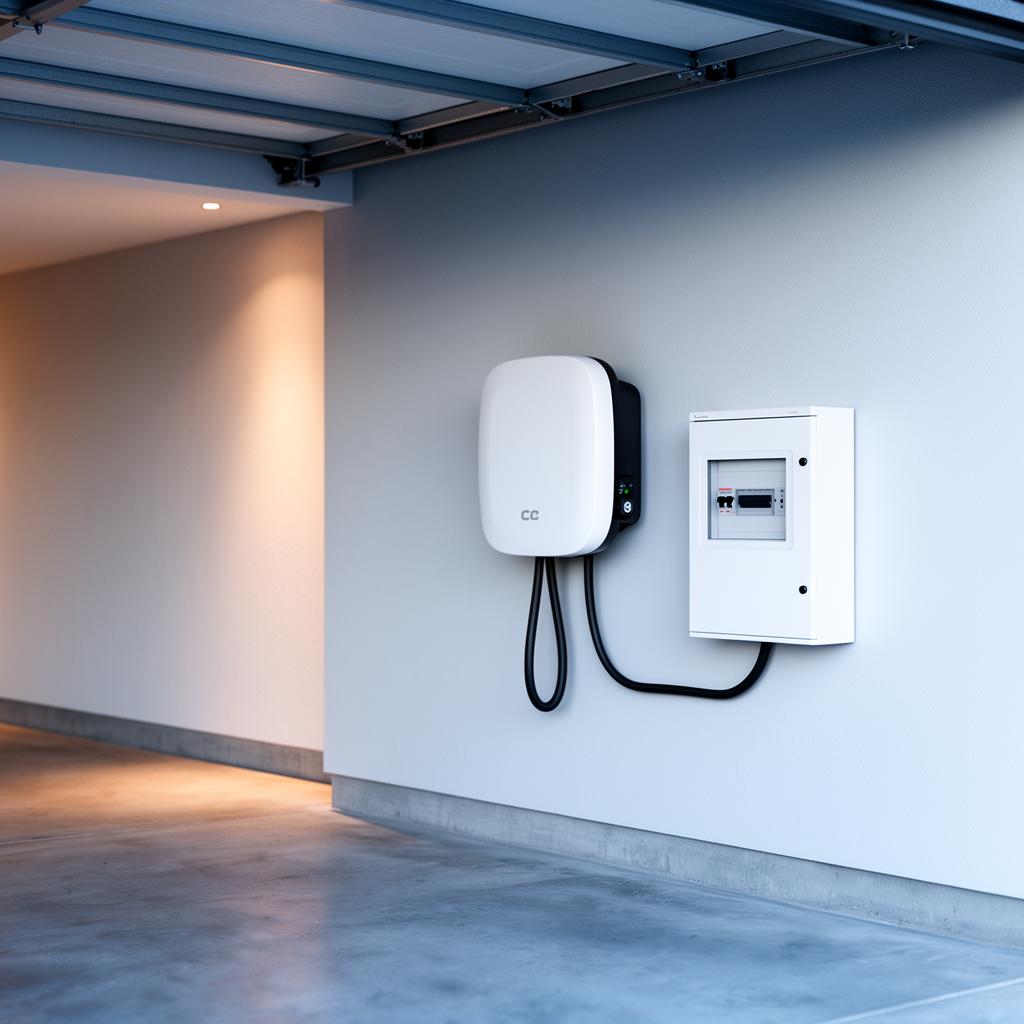 Wallbox instalada na parede ao lado de um quadro de proteção dedicado