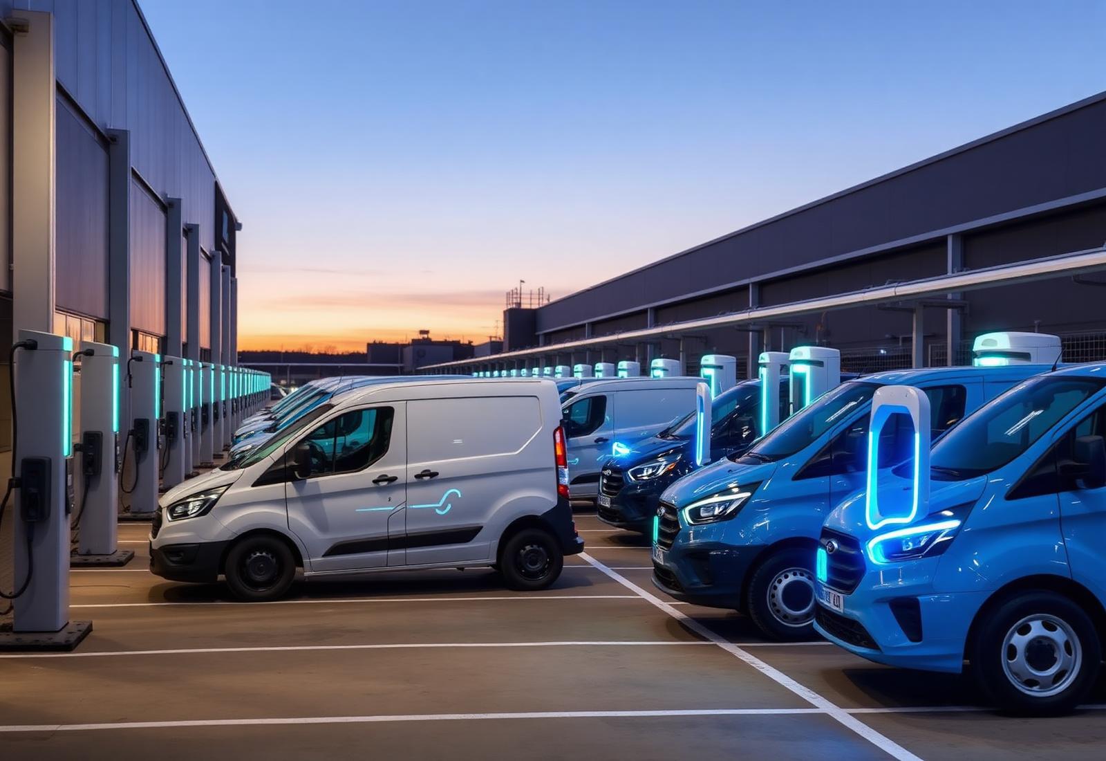 Frota de veículos elétricos utilitários carregando em pátio corporativo