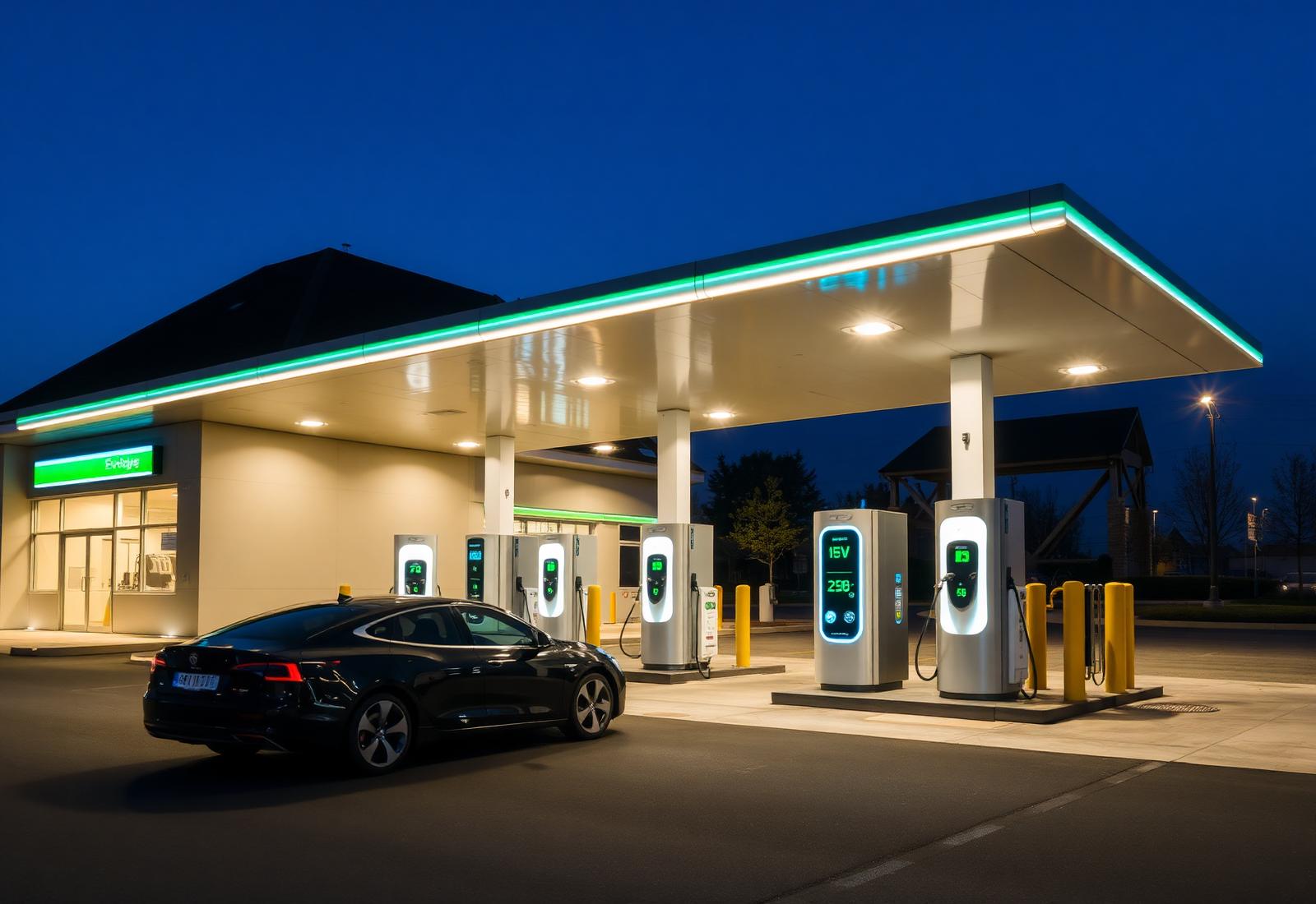 Posto com estações de recarga elétrica integradas