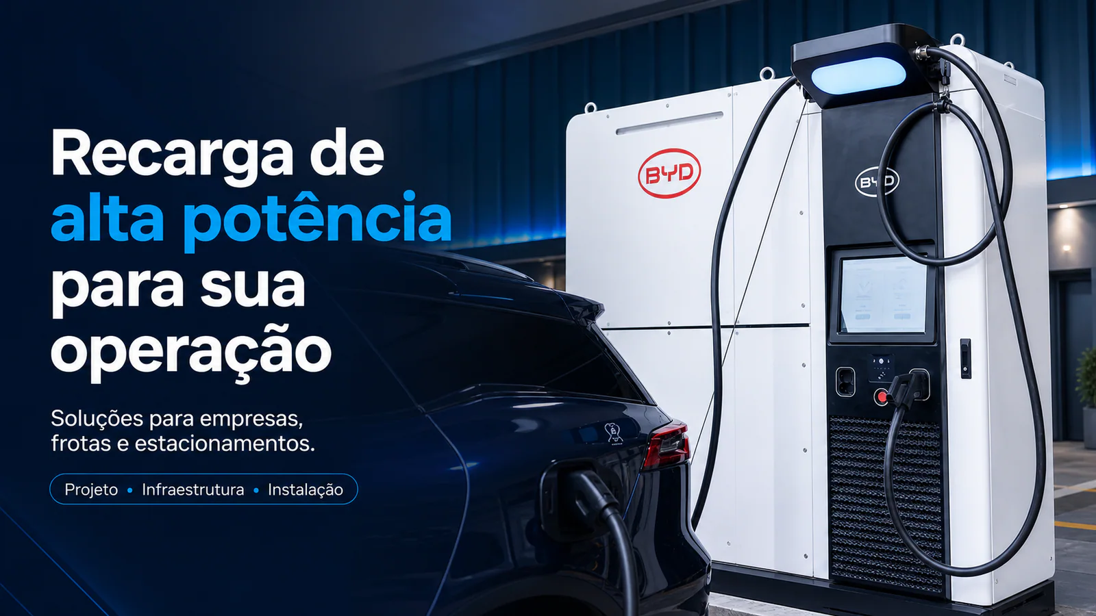 Estação BYD de alta potência recarregando veículo em ambiente empresarial — imagem ilustrativa